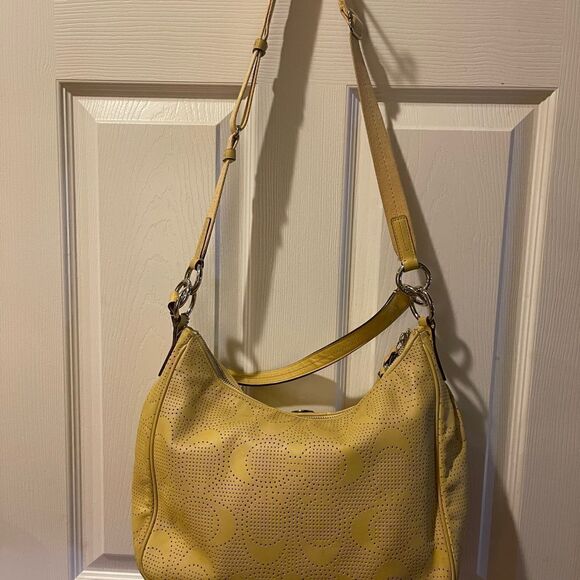 COACH Signature Stripe Convertible Hobo Bag yelow Perforated Leather F23241 - Picture 2 of 15